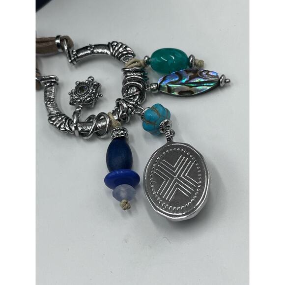 Chicos Silver Toned Blue Abalone Shell Green‎ Beads Tan Suede Necklace - Picture 11 of 13